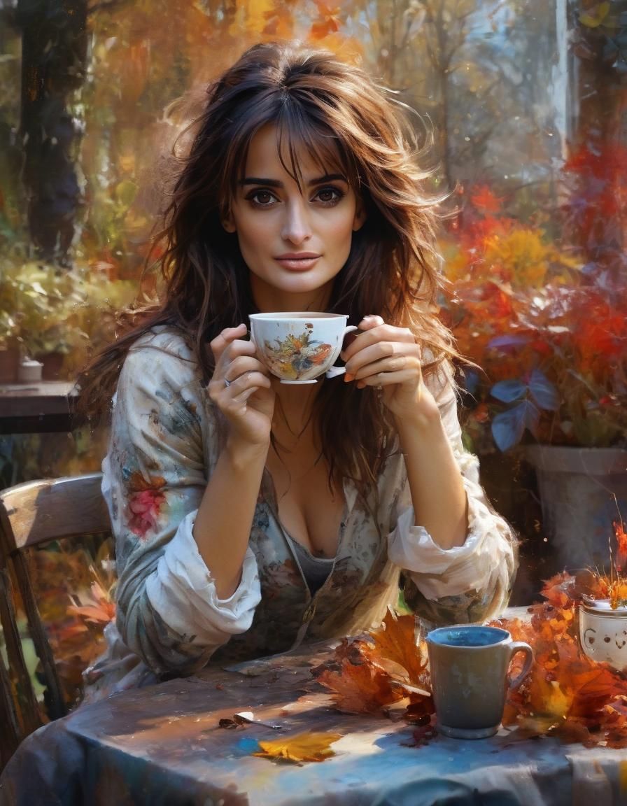 Penelope Cruz in Autumn Garden: Watercolour Painting