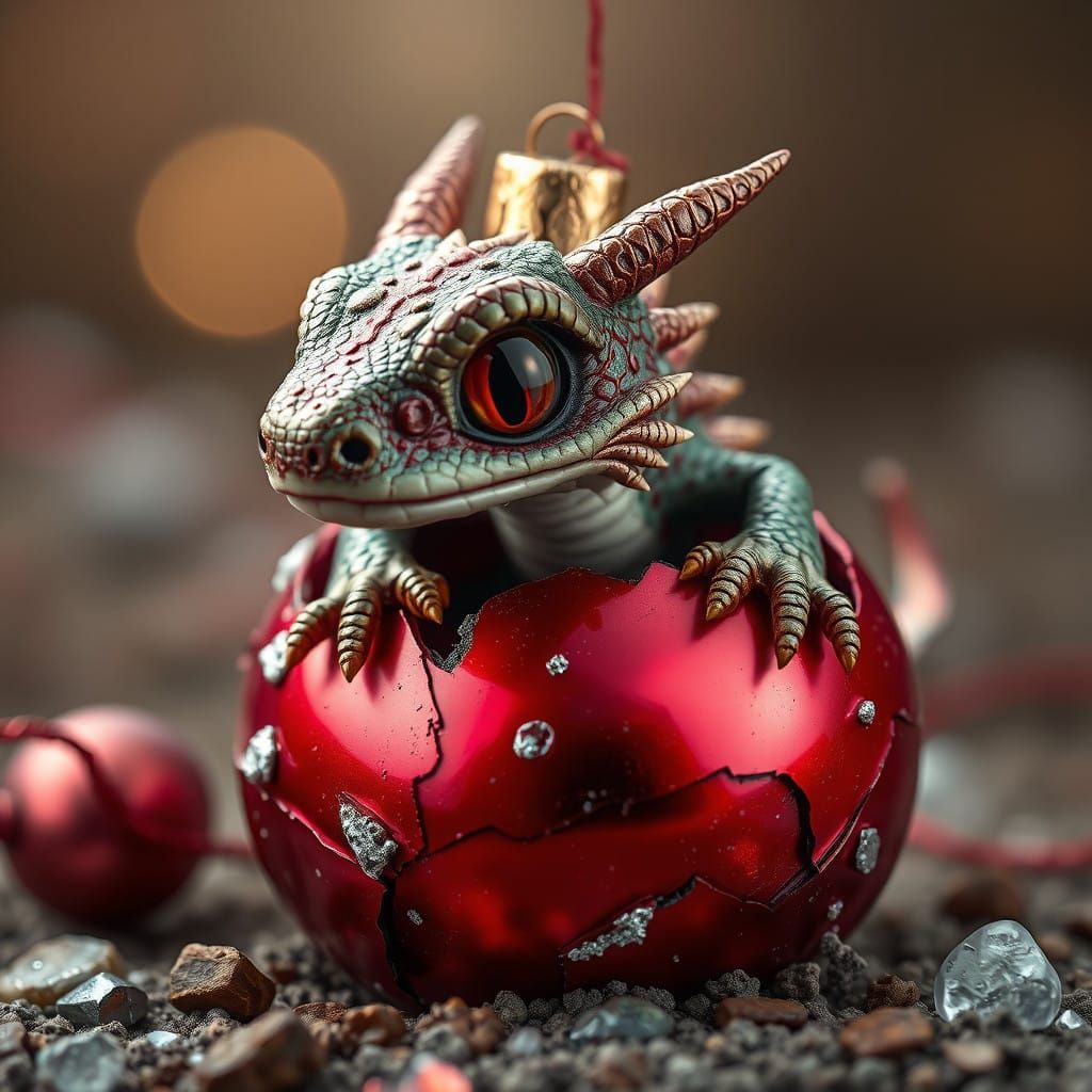 Hyperrealistic Dragon Emerging from Shattered Red Ornament