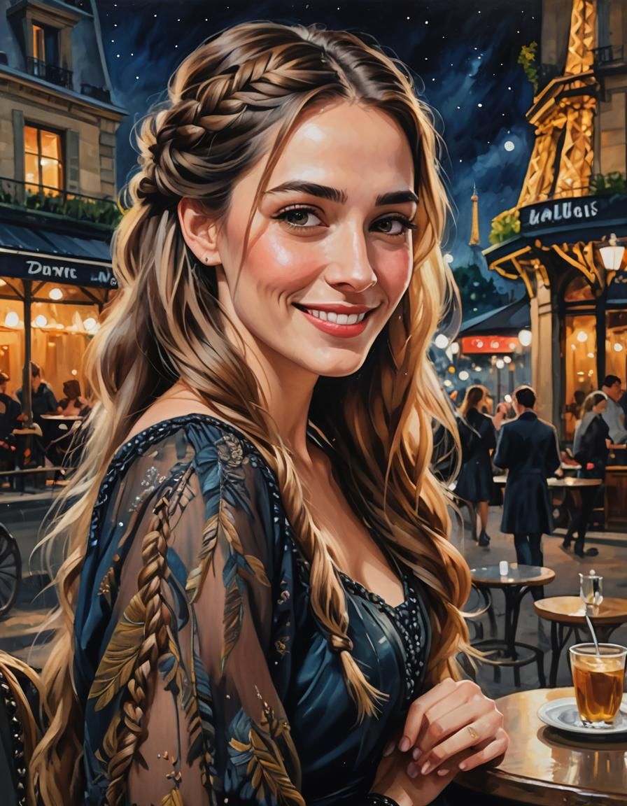 A beautiful young French woman with extremely long braided hair in a beautiful dress, Shy smile, a cafe in Paris at nigh...