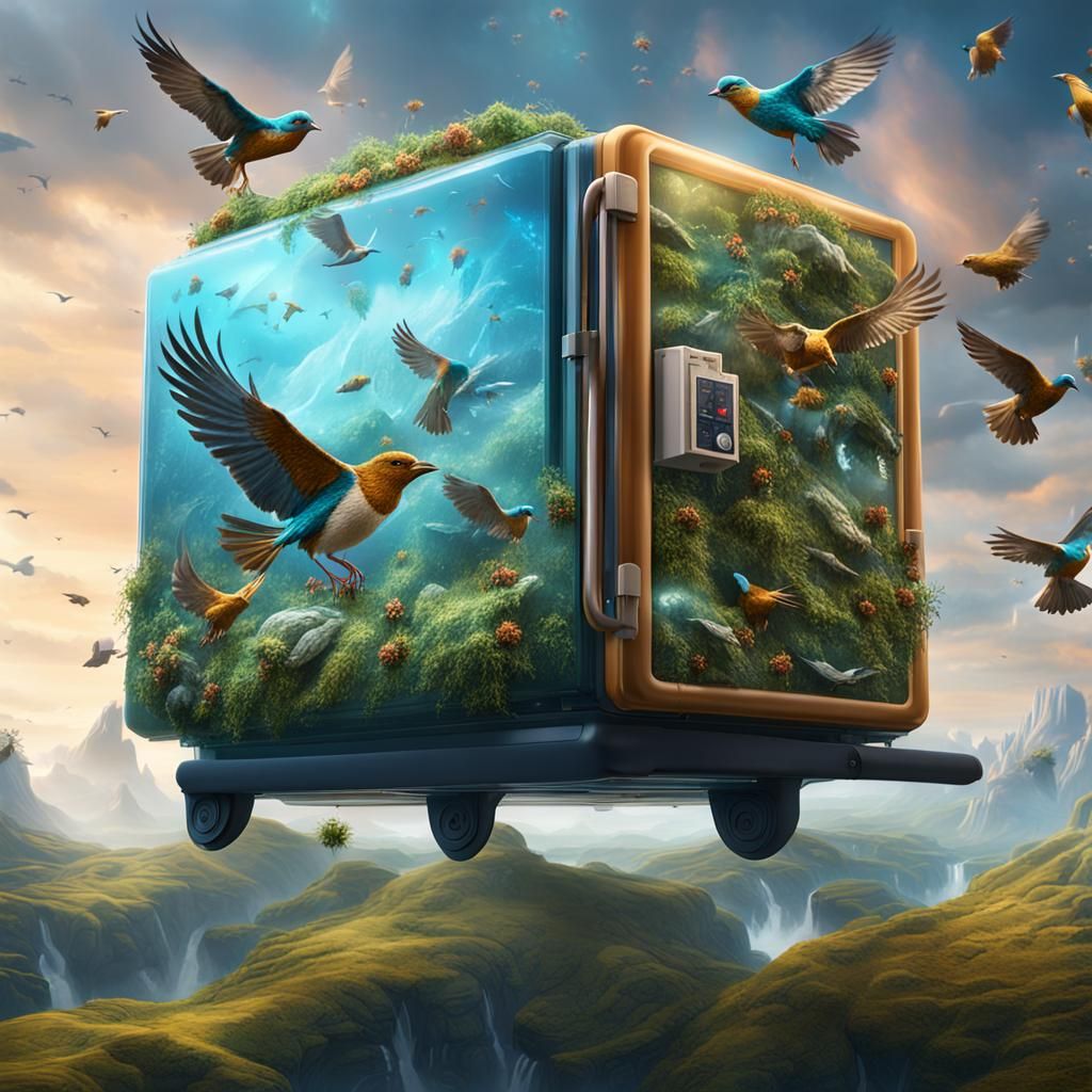 Flying Refrigerator Migrating with Birds: Fantasy Art