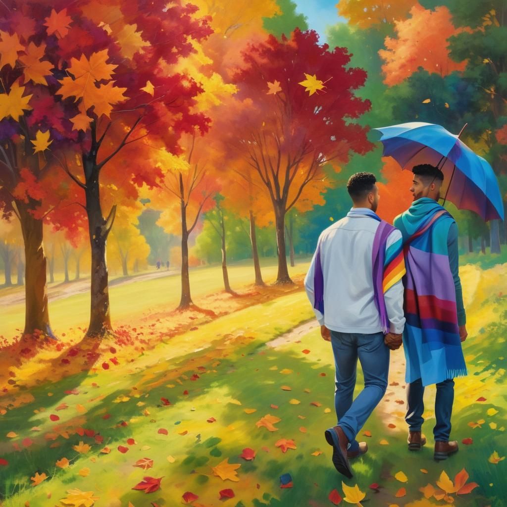 Gay Couple in Autumn Landscape, Van Gogh Style