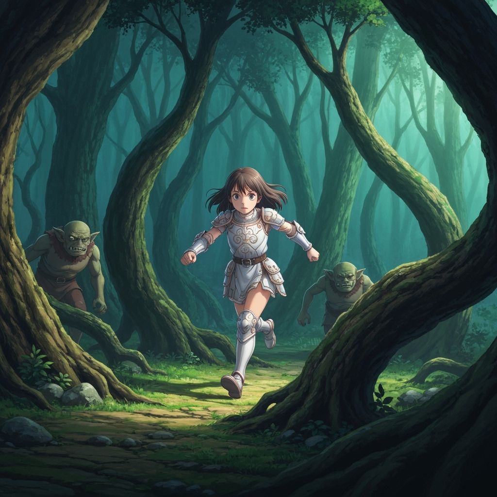 Girl Flees Ogres in Mysterious Forest Anime Style