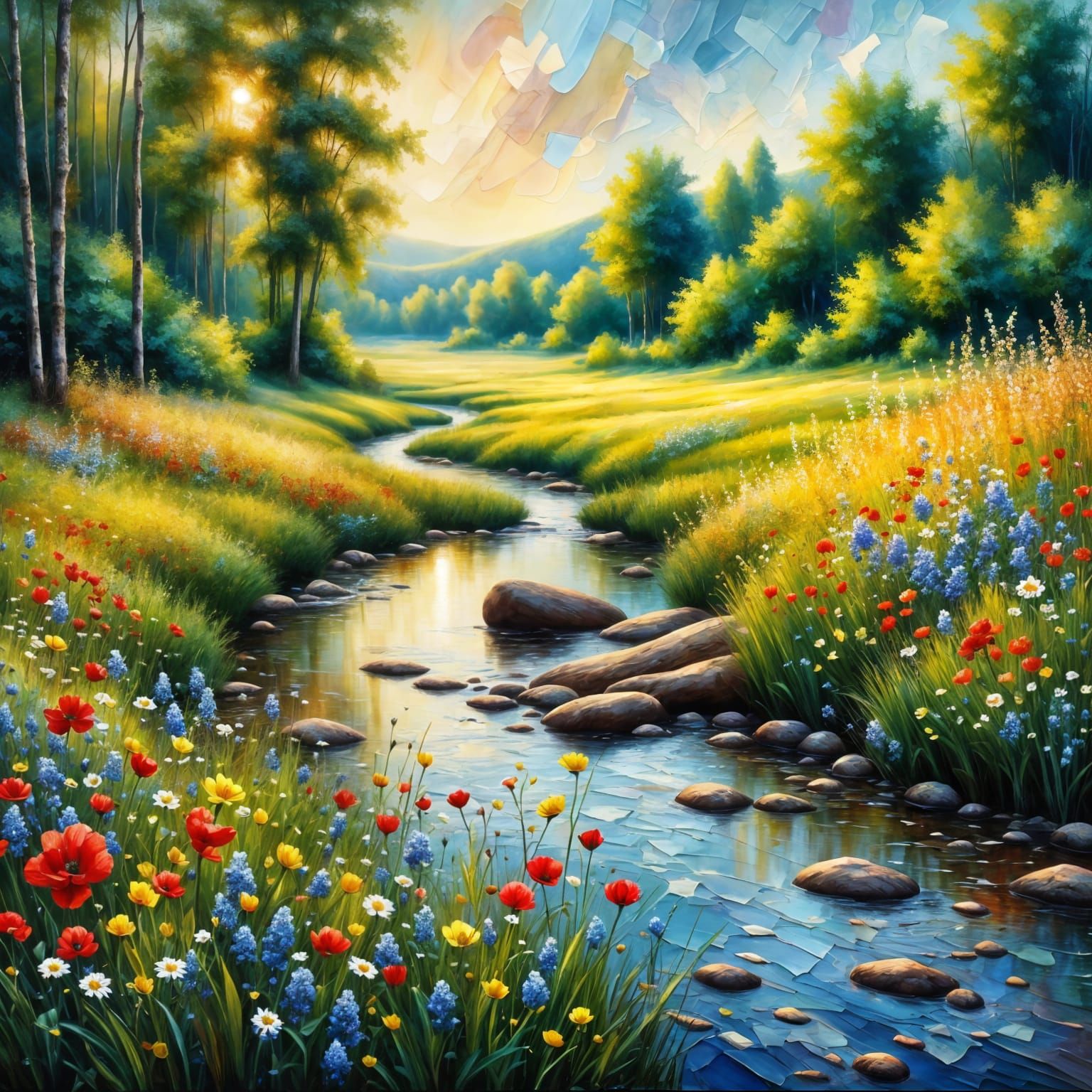 A Neo-Impressionist Brook with Wildflowers