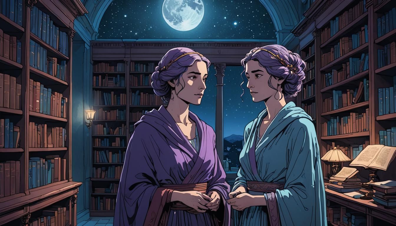 Greek Women in Library: Moebius Comic Style