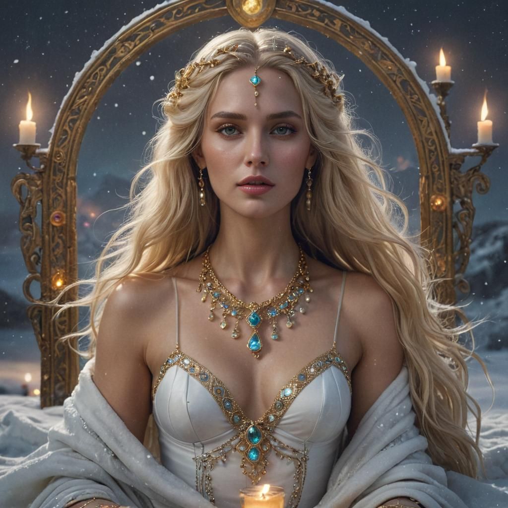 Goddess Reading Tarot Cards Under Aurora Borealis