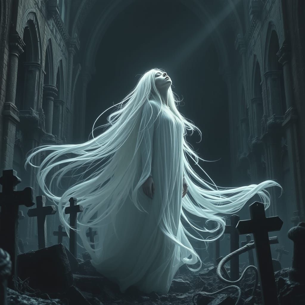 Ghost in Ruined Cathedral: Dark Fantasy Digital Art
