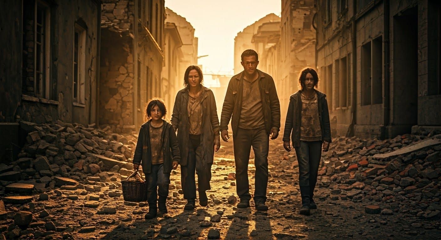 Desperate Family Scavenges in Devastated Town: Hyperrealisti...