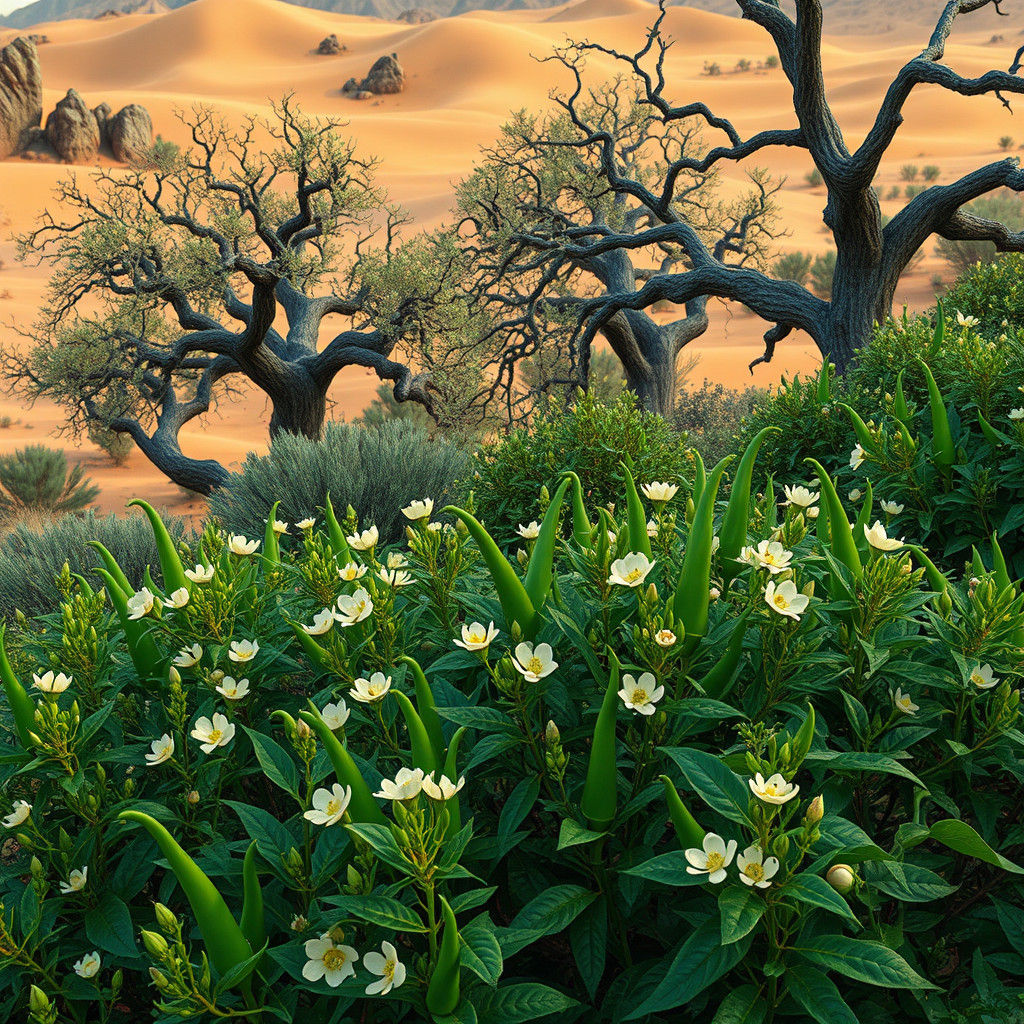 Lush Desert Oasis with Blooming Chile Plants