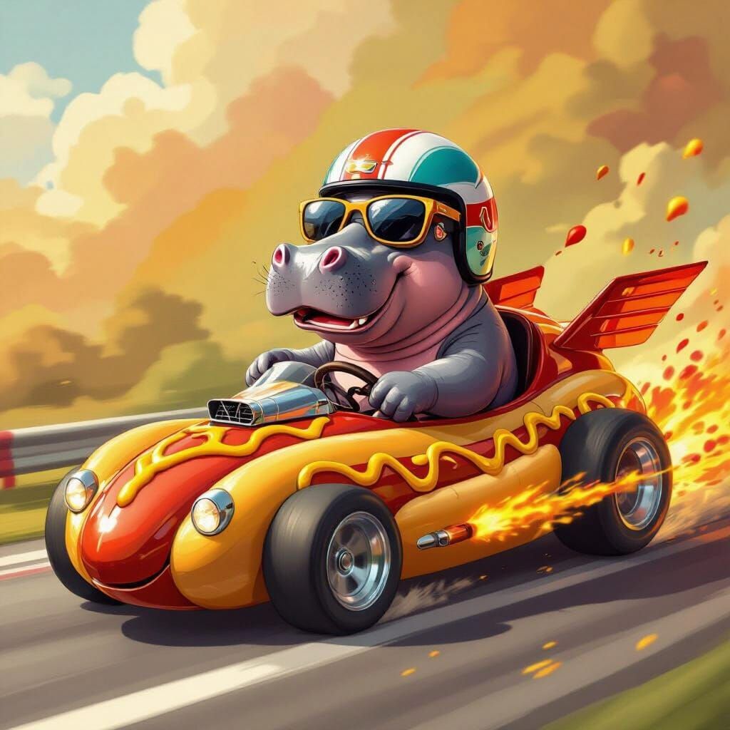 Hippo Drives Hot Dog Race Car with Mustard and Ketchup