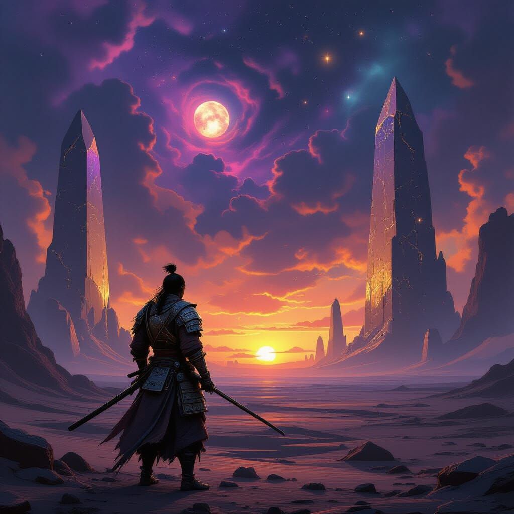 Samurai on Alien Planet Under Binary Sunset