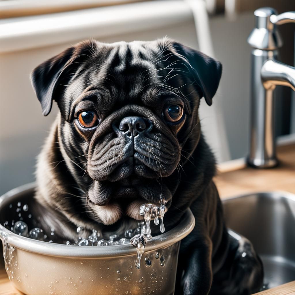 Black Pug Washing Dishes Portrait
