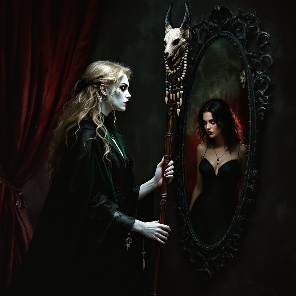 Necromancer Casting Spell on Sinister Mirror in Gothic Fanta...