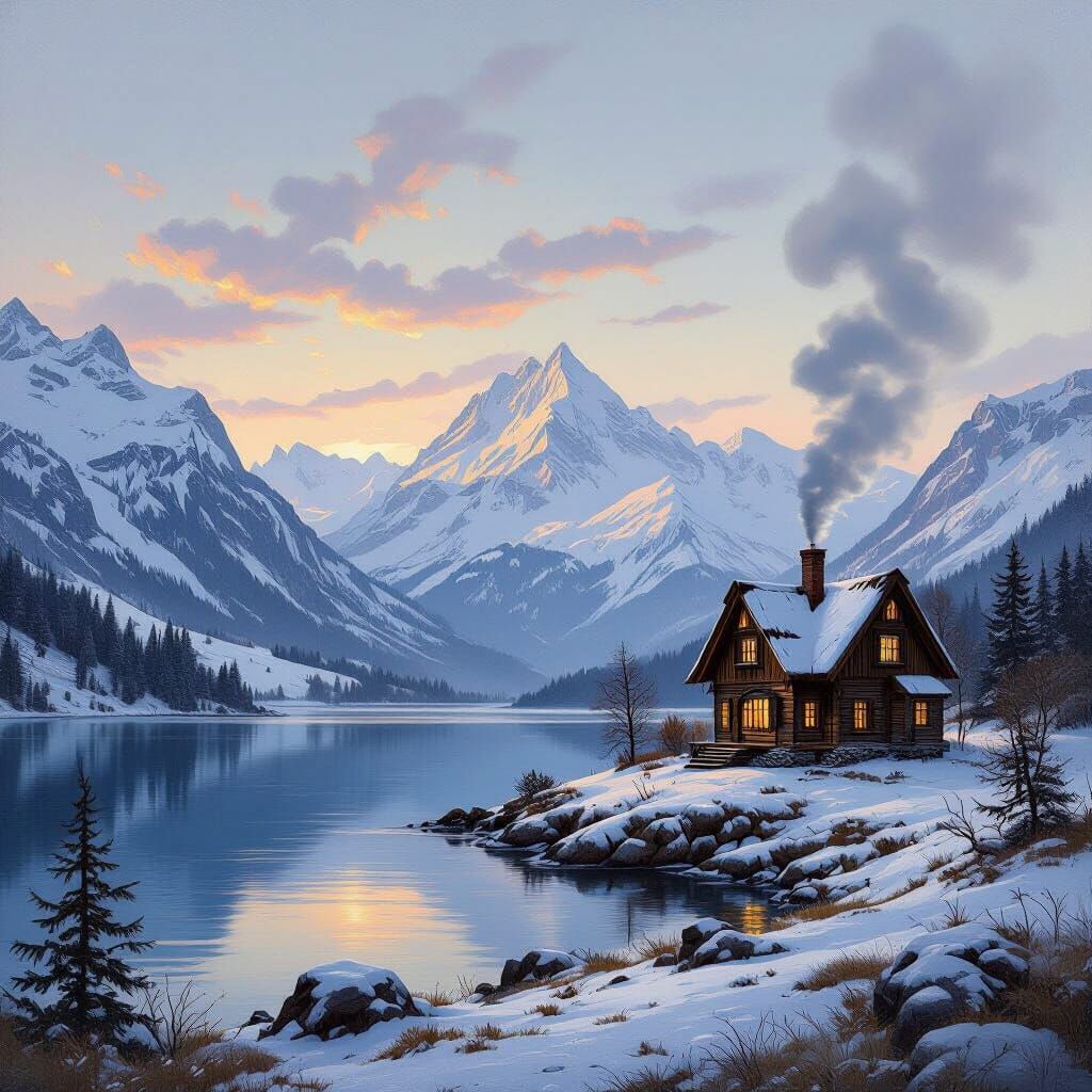 Twilight Steampunk Cottage in Swiss Alps Landscape