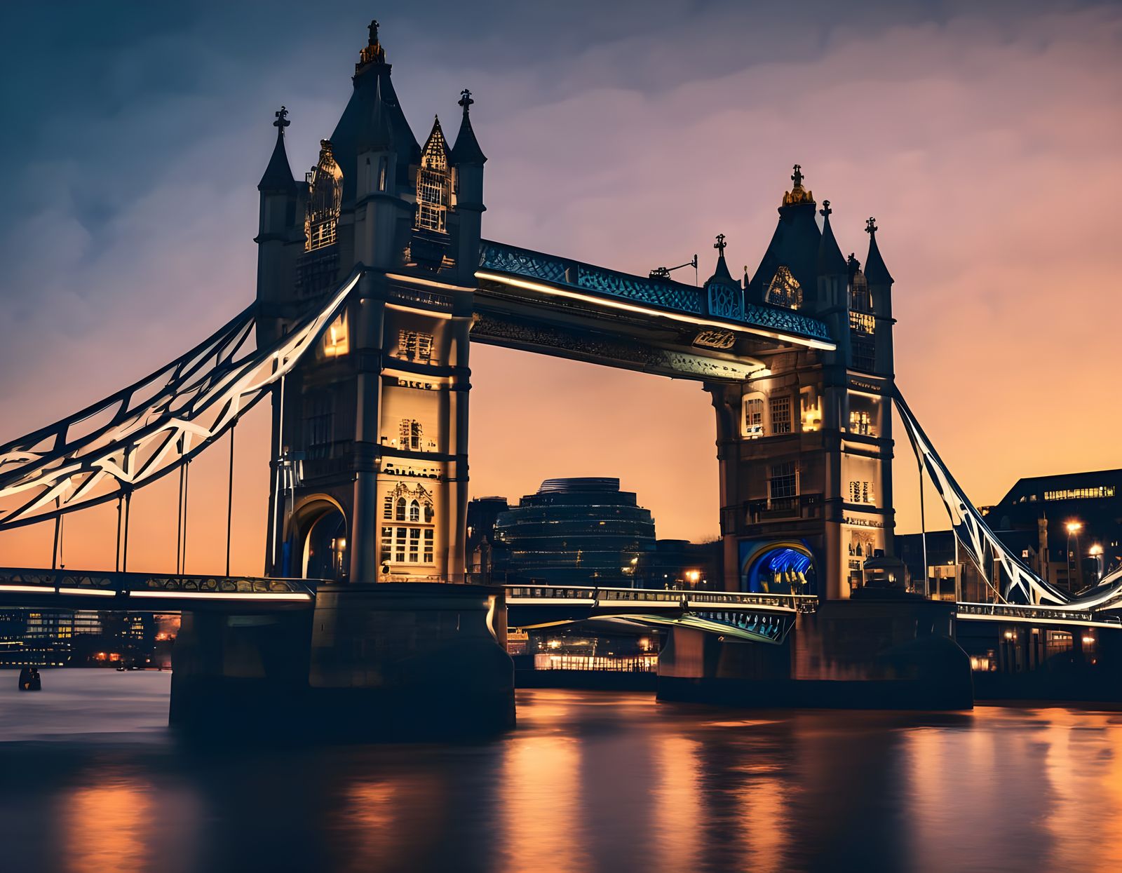 London Nighttime Scene with Tower Bridge and Big Ben
