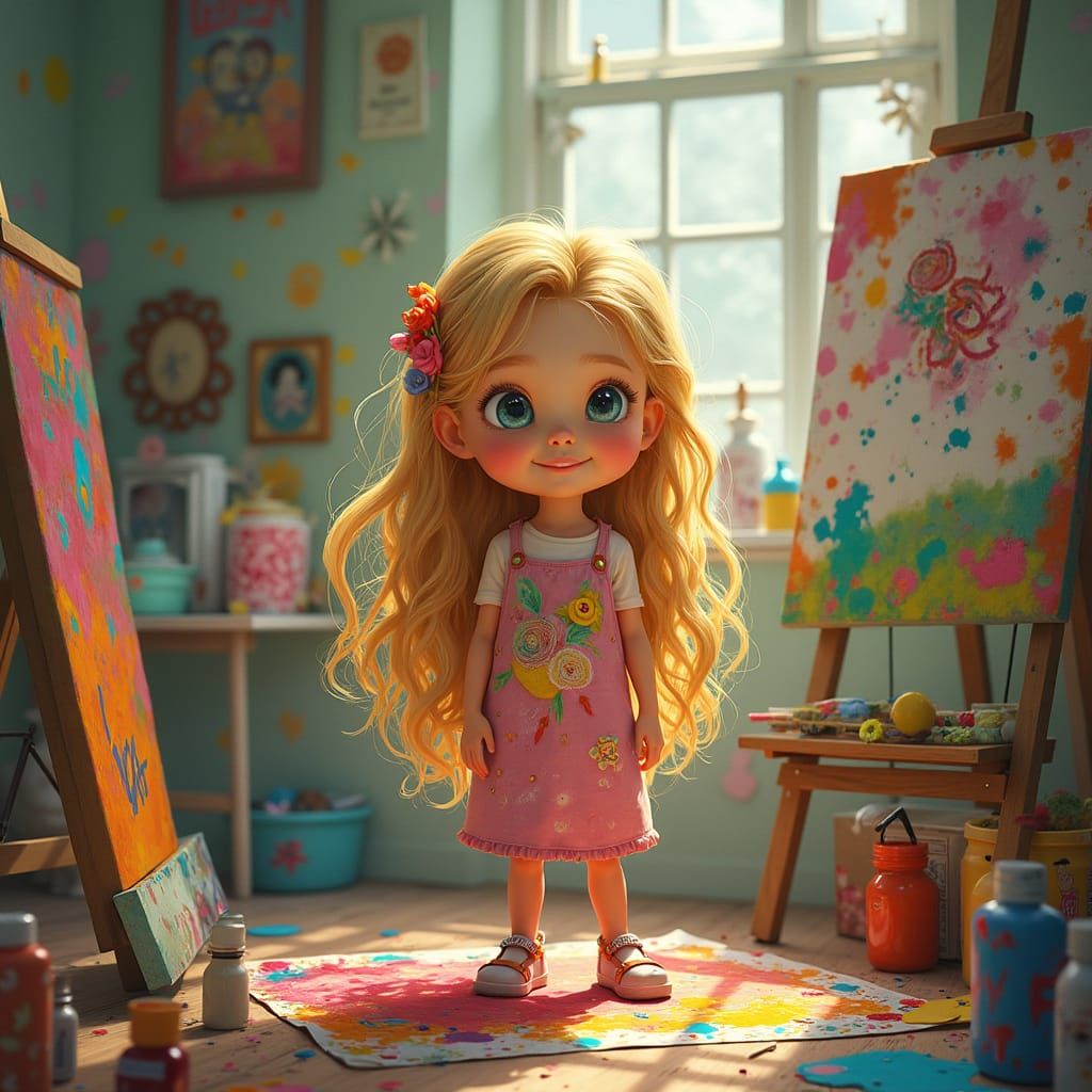 Girl in Whimsical Art Studio, Dreamlike Illustration