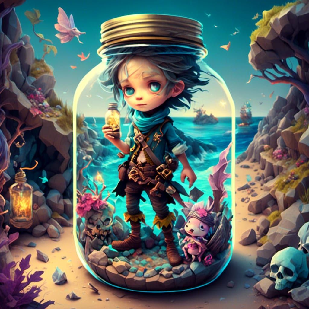 Tiny Pirate Fairy in Mason Jar, Isometric View