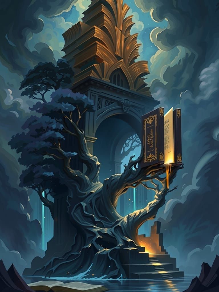Stylized Tree and Book Building with Ethereal Light
