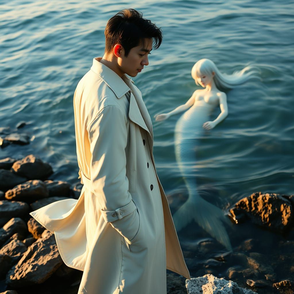 Japanese Hero Admires Majestic Mermaid in Golden Hour