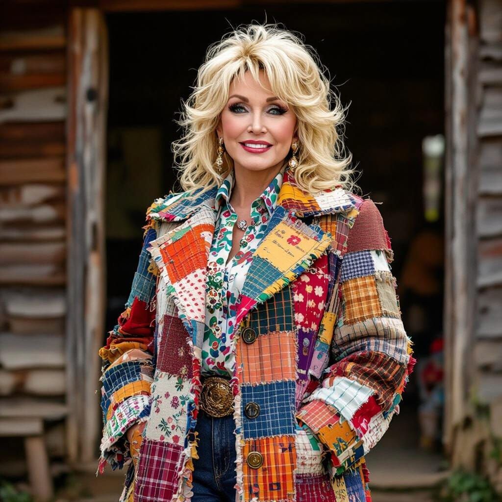 Dolly Parton in Patchwork Coat, 1970s Folk Art