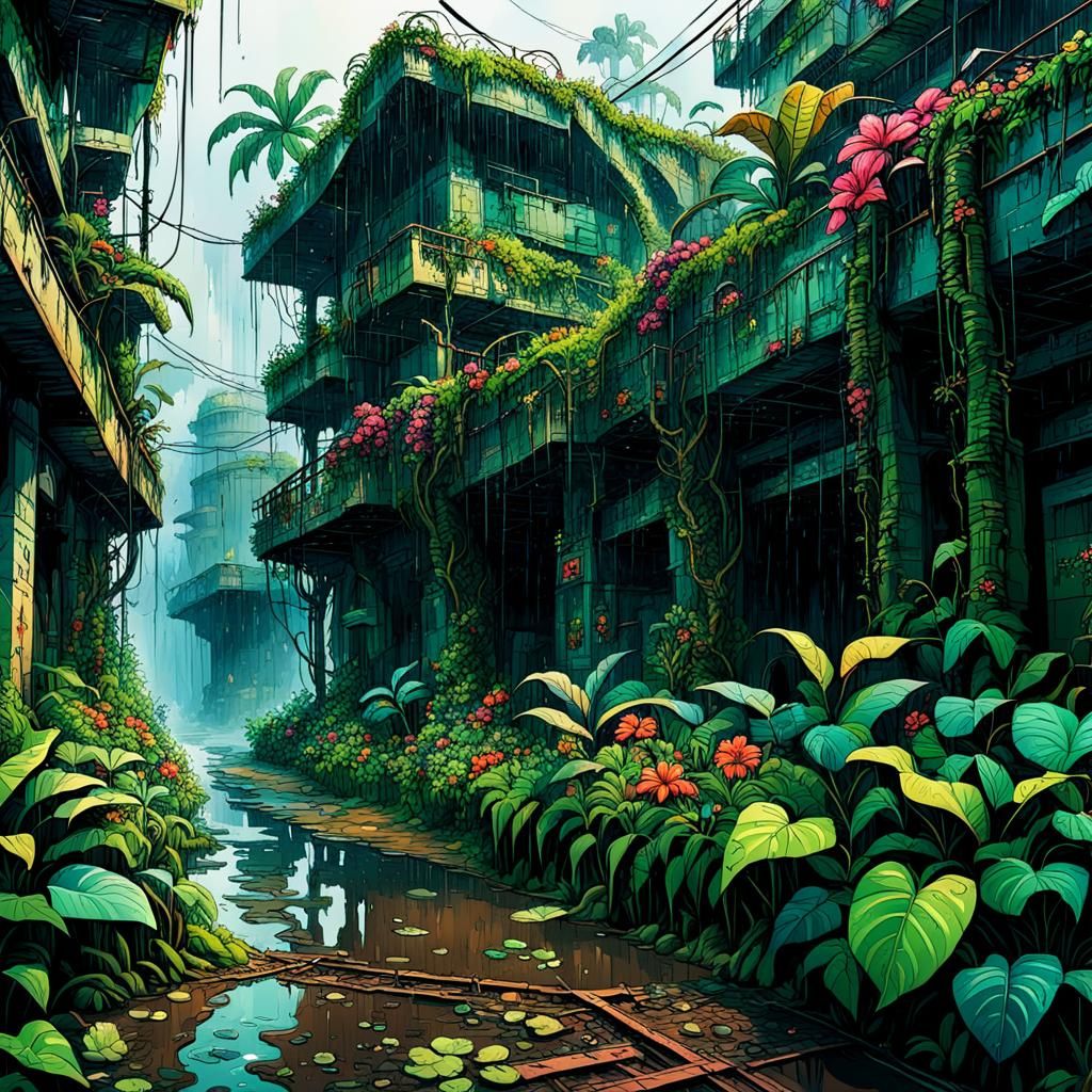 Post-Apocalyptic Jungle: Colorful Overgrowth and Flooding