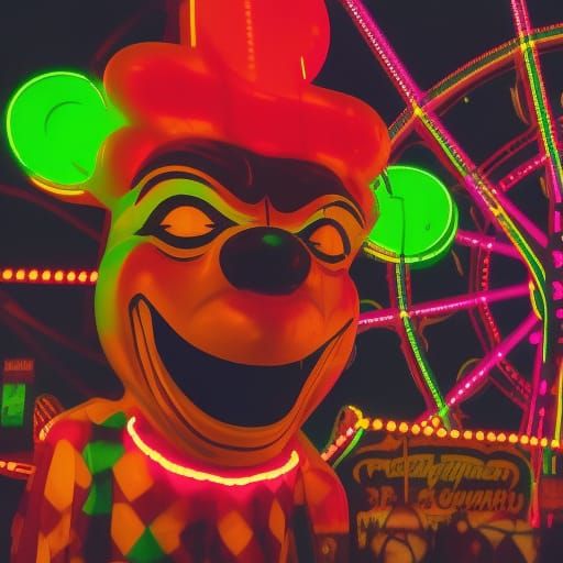 Haunted Retro Carnival with Evil Clown in Neon Lights