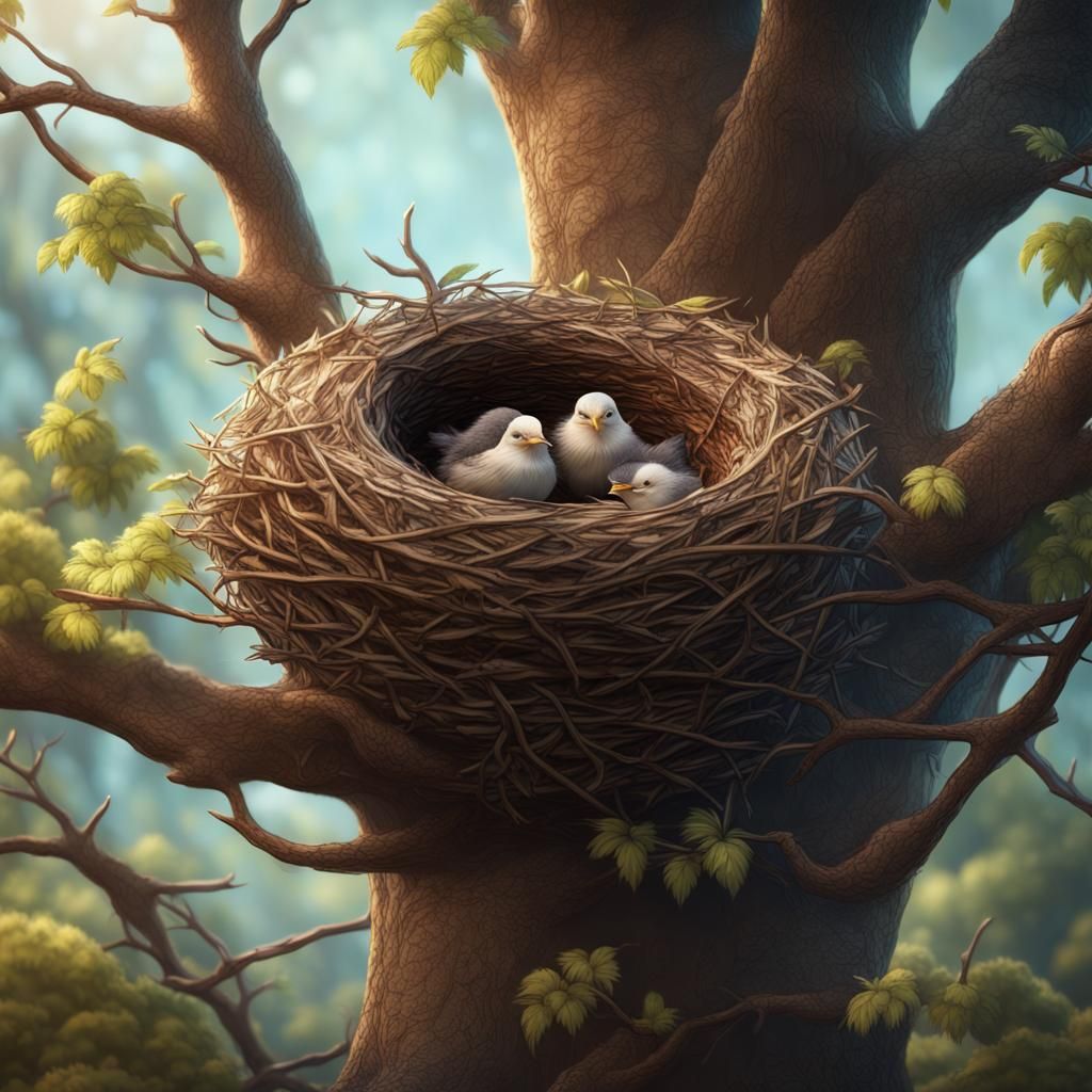 Bird Nest with Fluffy Babies: Fantasy Concept Art