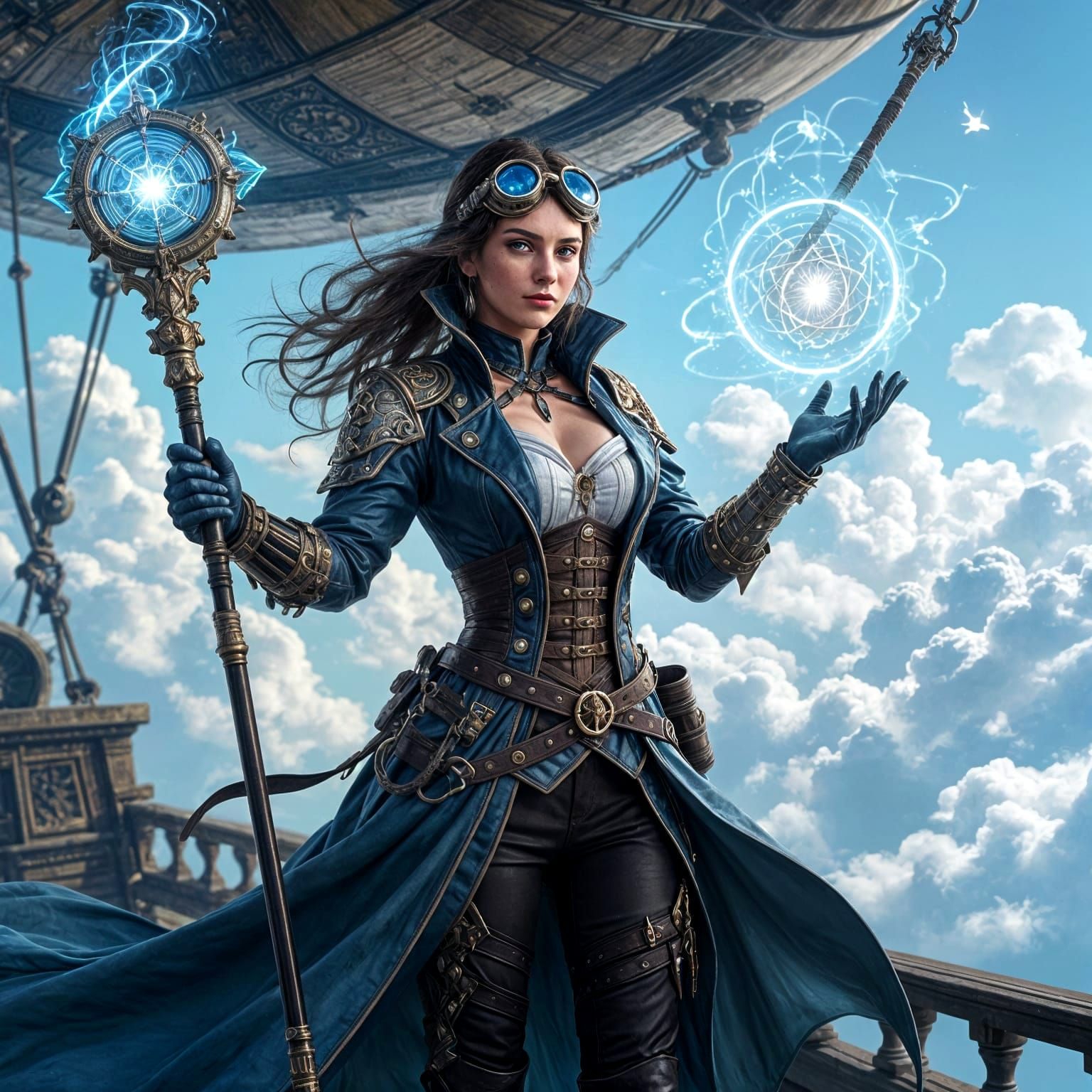Aetherpunk Sorceress-Engineer on Soaring Airship