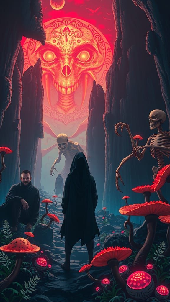 Dark Figure in Foreboding Landscape with Neon Glow