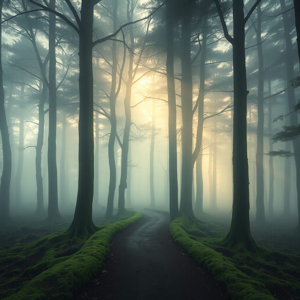 Enchanted Forest Dawn: Mystical Path in Soft Light