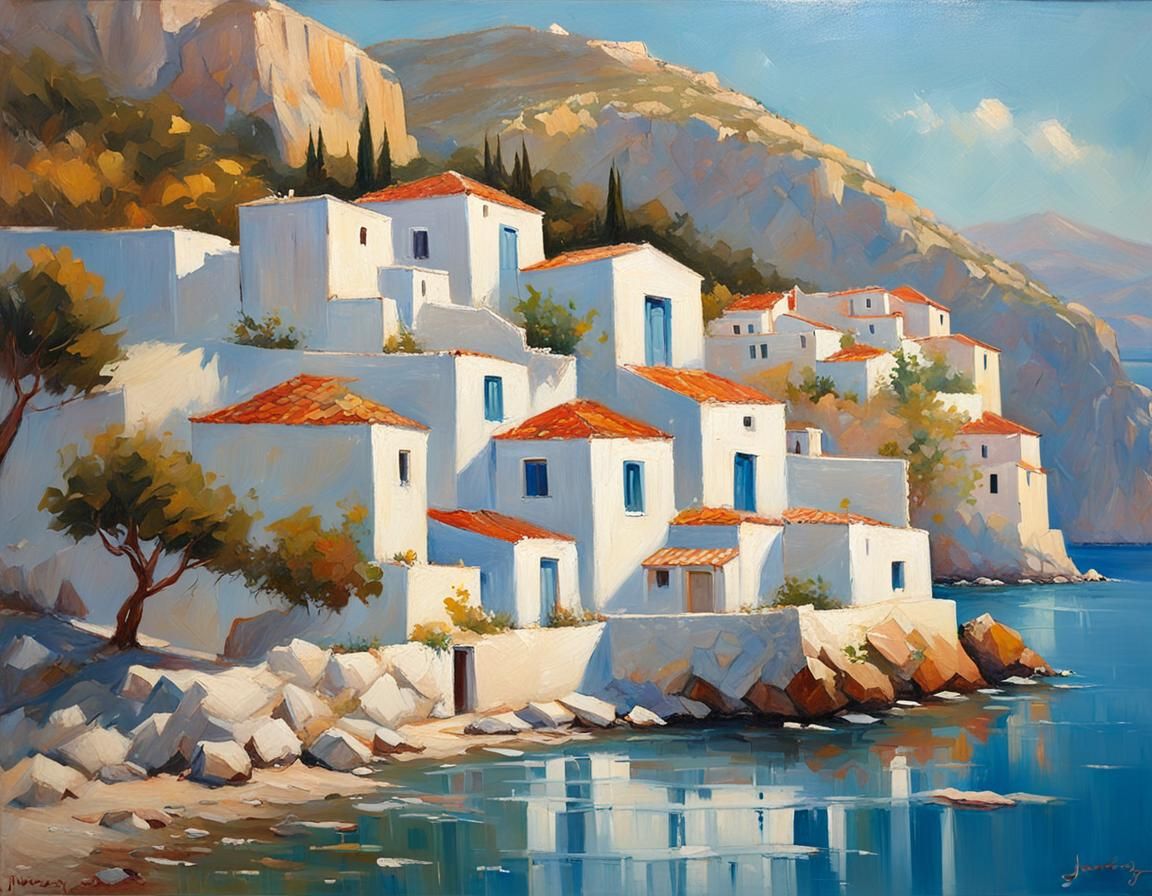 Greek Island Houses in Sunlight, Oil Painting