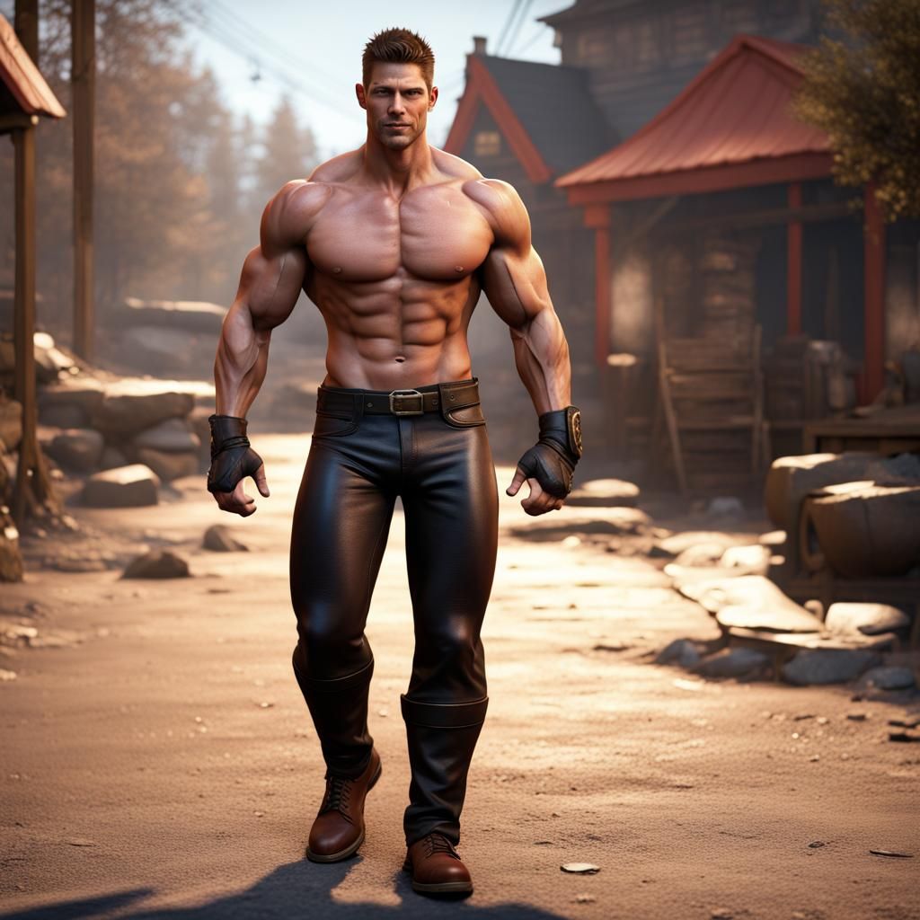 Muscular Man Flexing in Detailed Fantasy Art