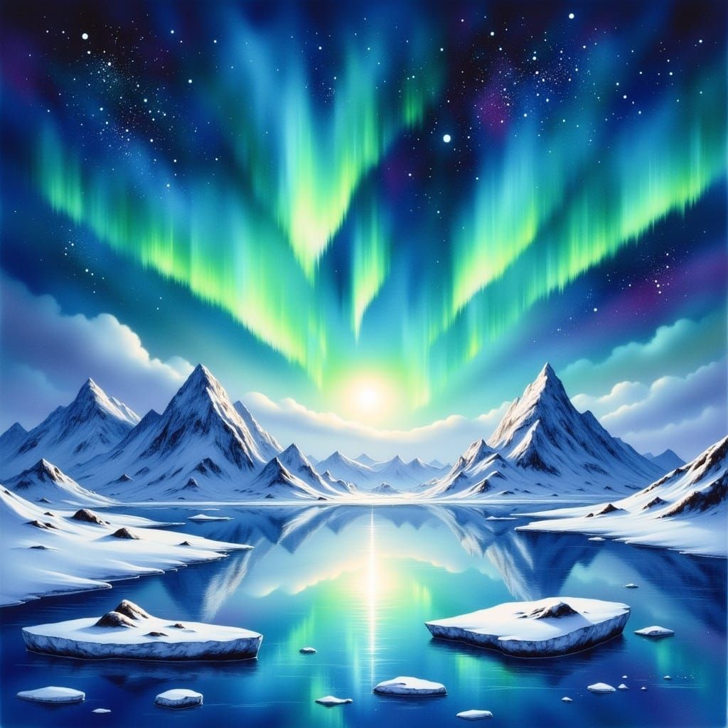 Antarctic Aurora in Dreamy Watercolor Style