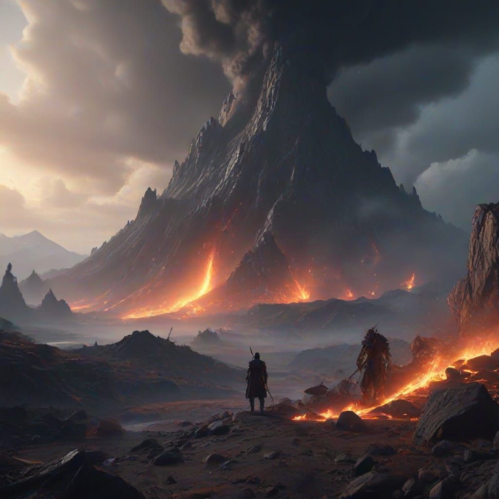 Dark Fantasy Knight Battles Demons in a Volcanic Landscape
