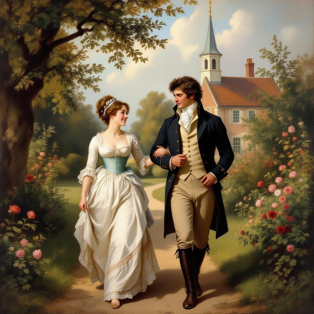 Regency England Couple in Garden Oil Painting
