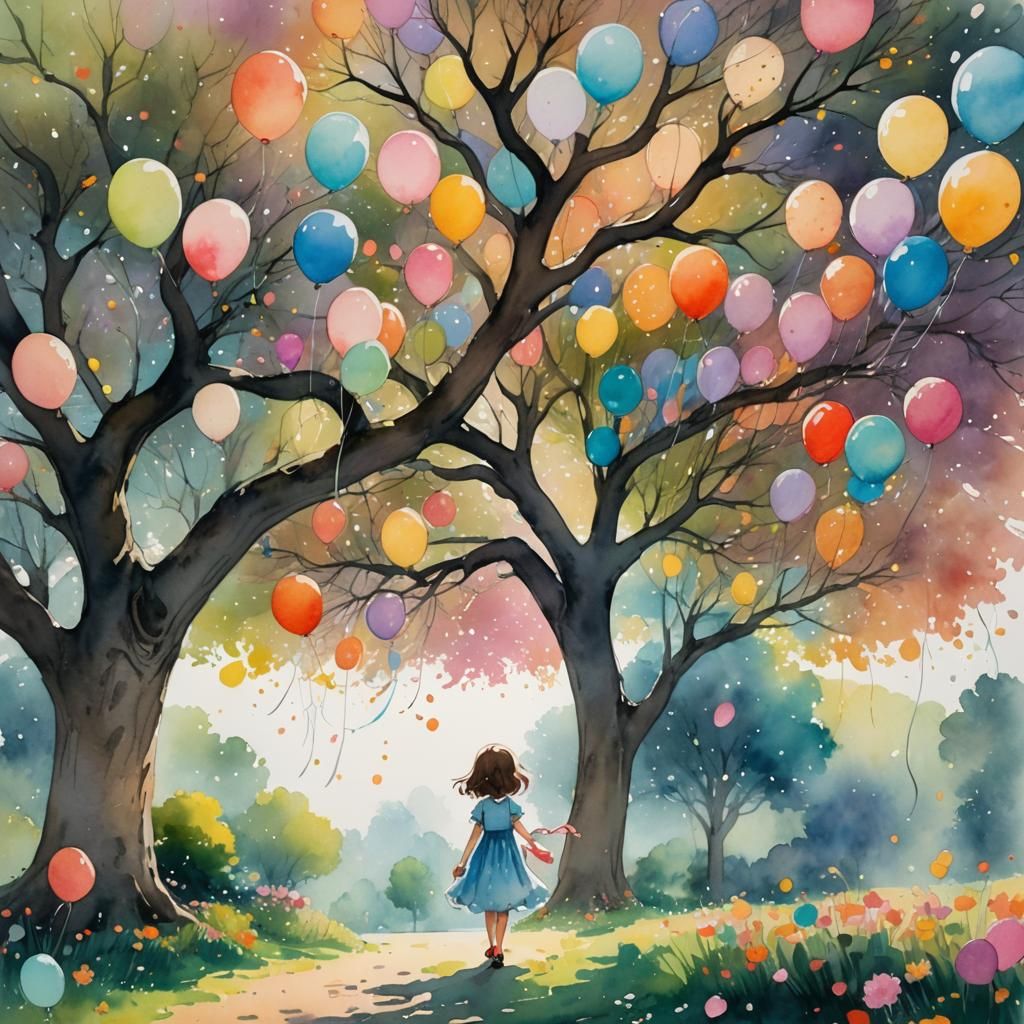 Girl with Balloons: Whimsical Watercolor Art