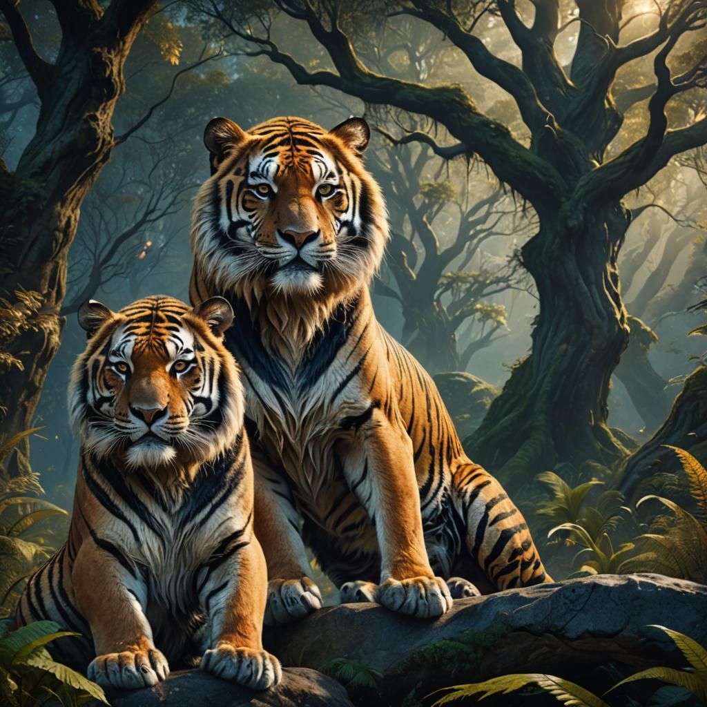 Majestic Lion-Tiger Hybrid in Mystical Forest