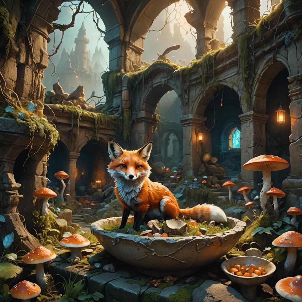 Fox in Mystical Ruins: Fantasy Matte Painting