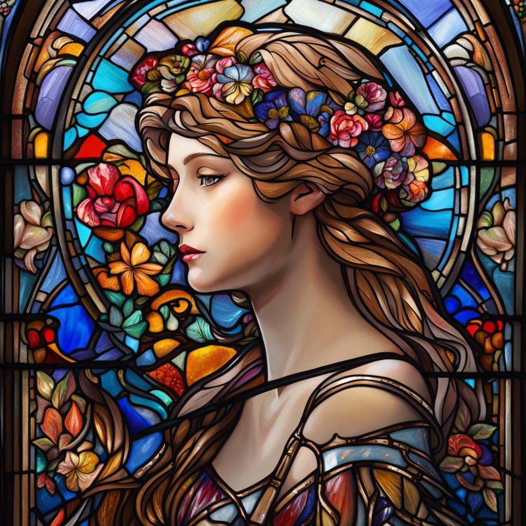 Opalescent Stained Glass: Beautiful Moon Princess Portrait