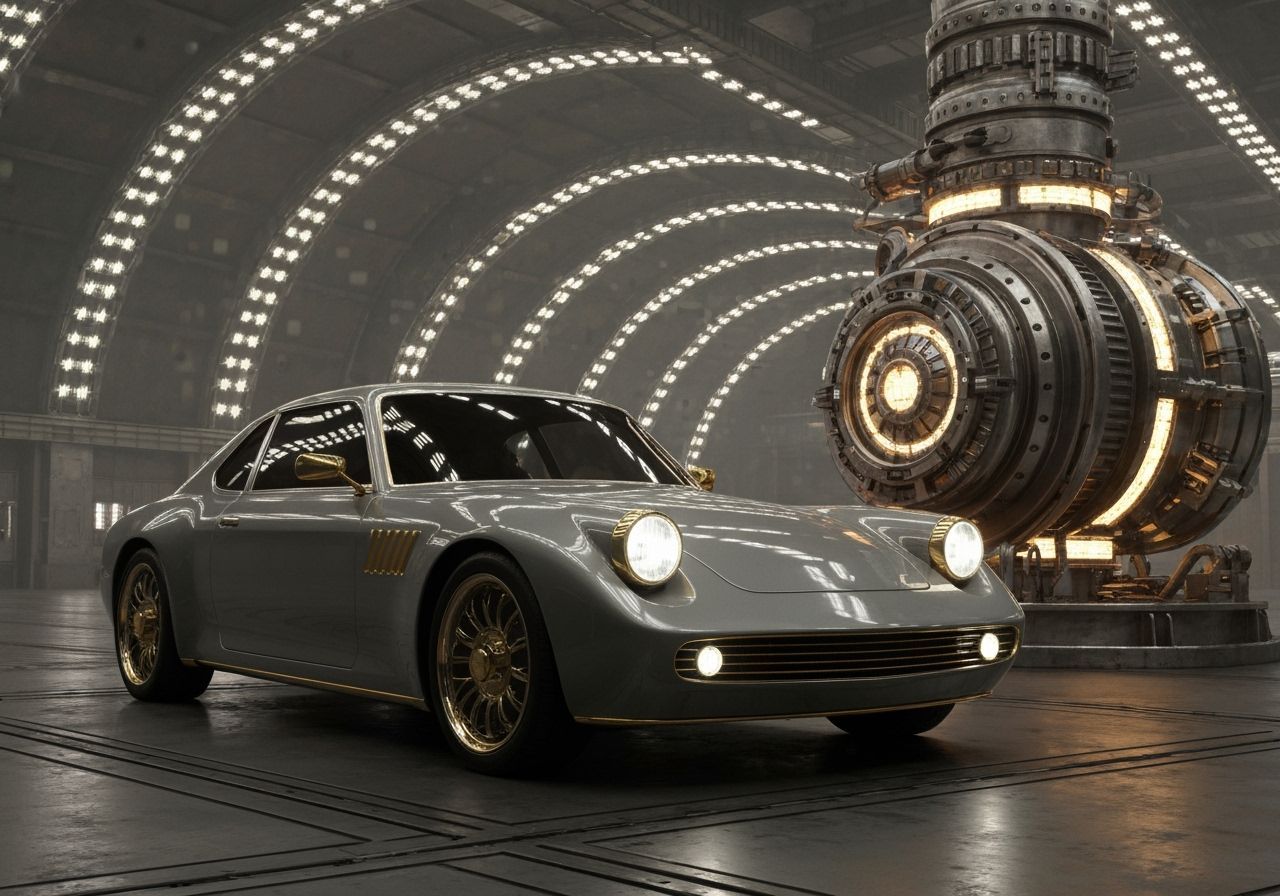 Futuristic Vintage Car in Industrial Space with Mechanical D...
