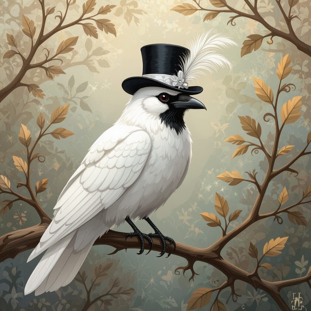 White Crow in Hat: Whimsical Illustration