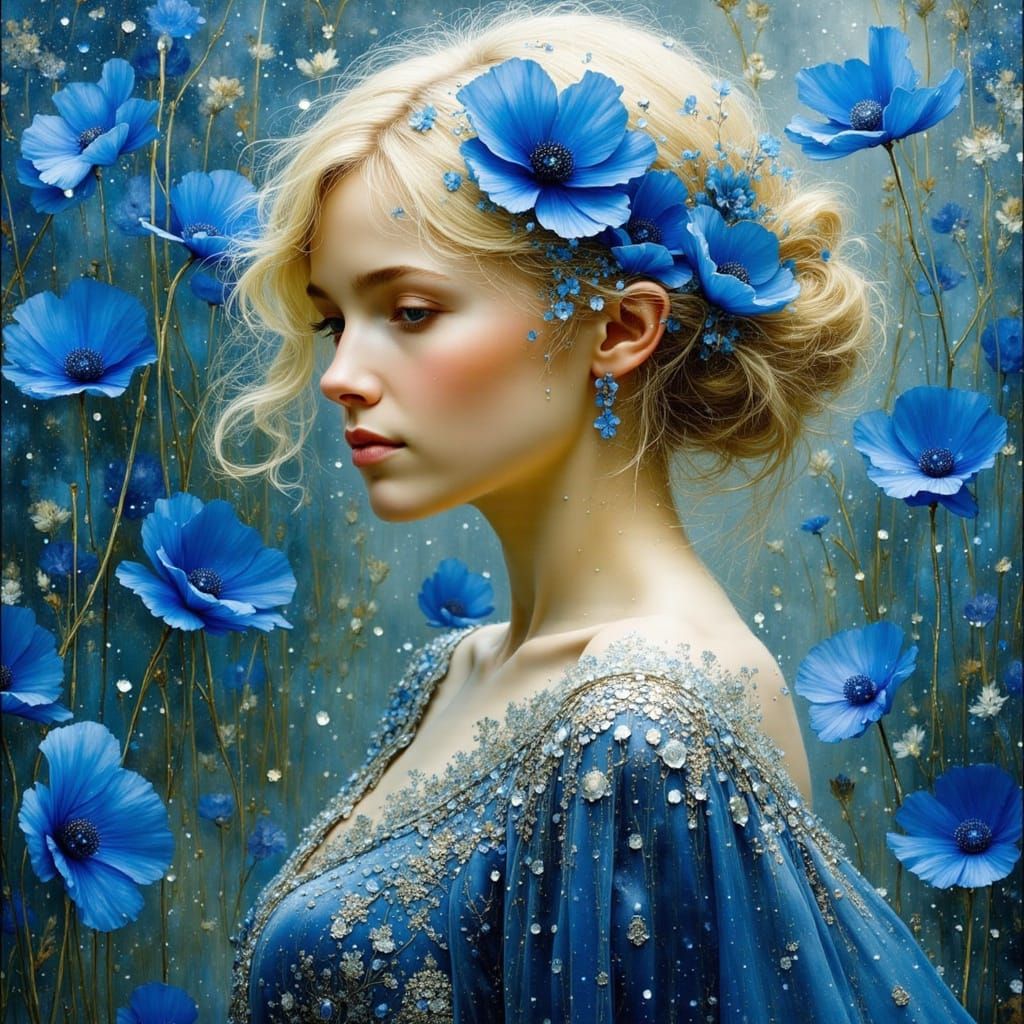 Art Deco Woman with Blue Poppies and Silver Dress