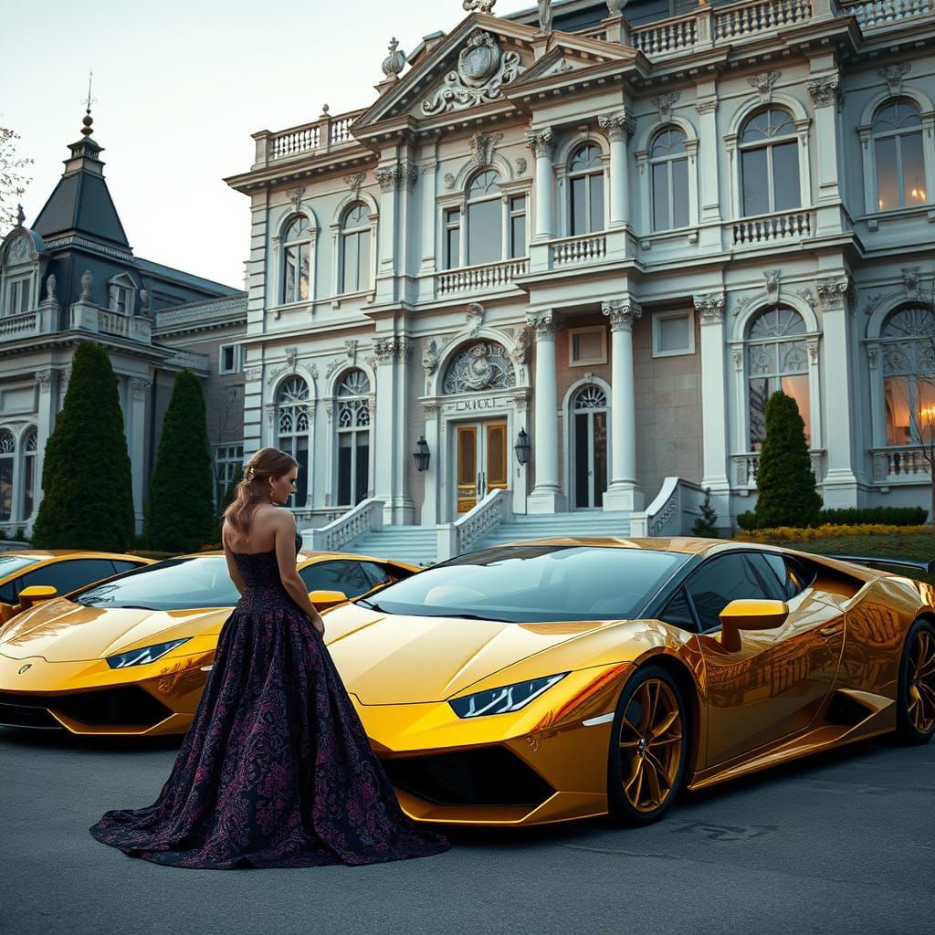 Elegant Woman Beside Mansion with Gold Lamborghinis