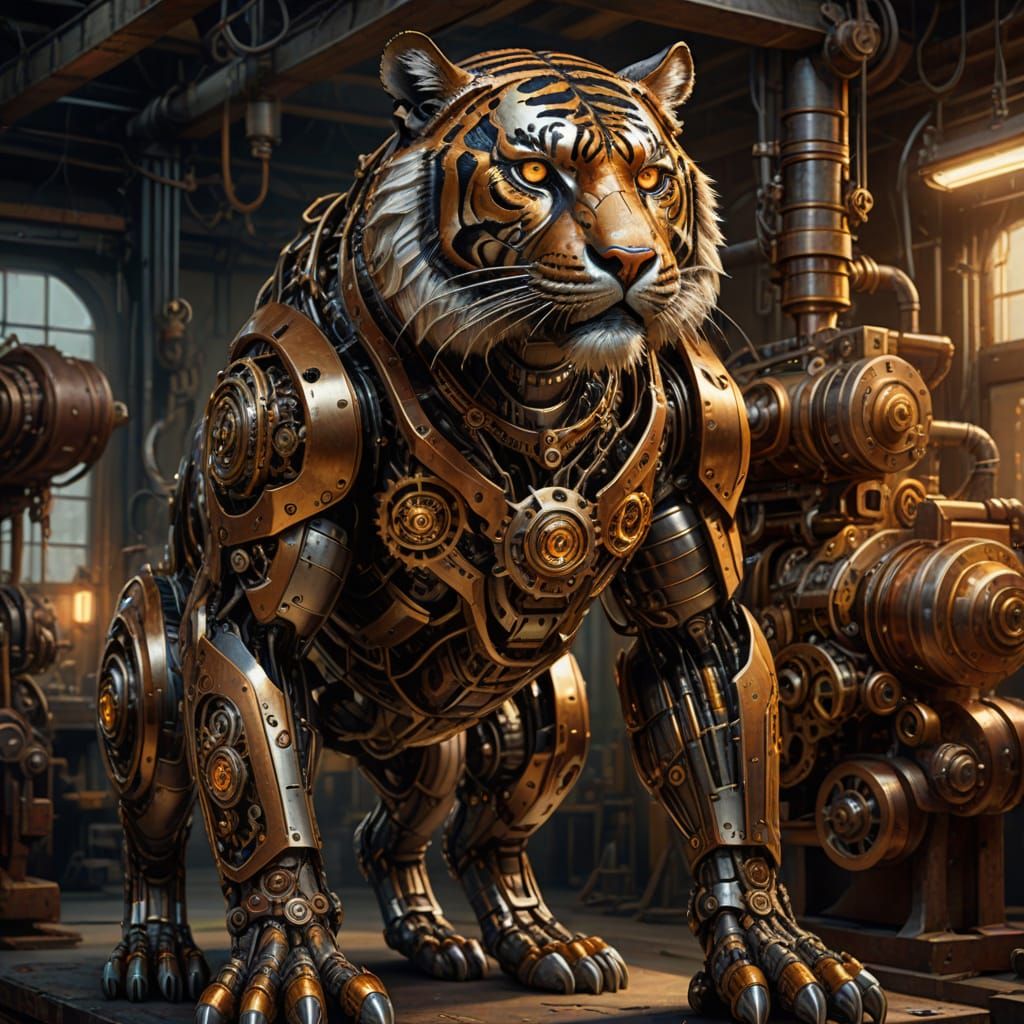 Steampunk Tiger with Intricate Gears and Glowing Eyes