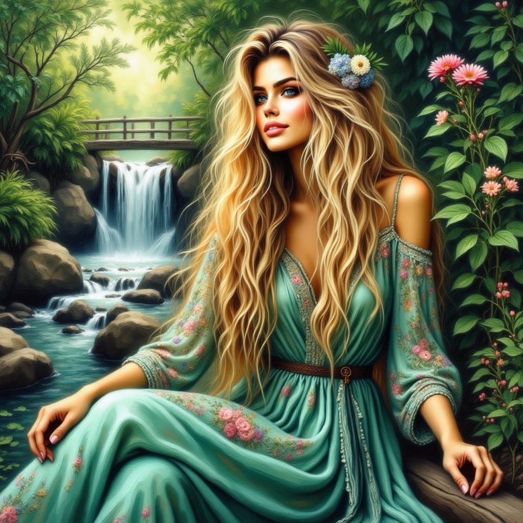 Blonde Woman with Flowers by Waterfall, Renaissance Style