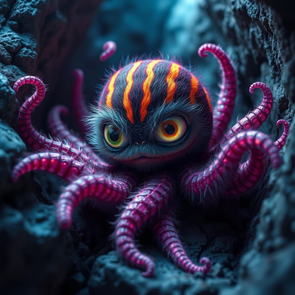 Tiny Fluffy Creature with Neon Stripes and Tentacles