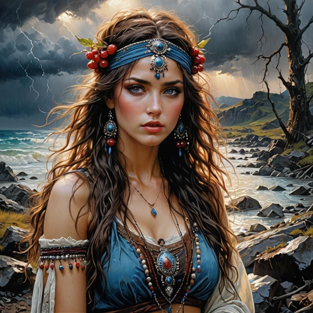 Bohemian Gypsy in Storm, Hyperrealistic Painting