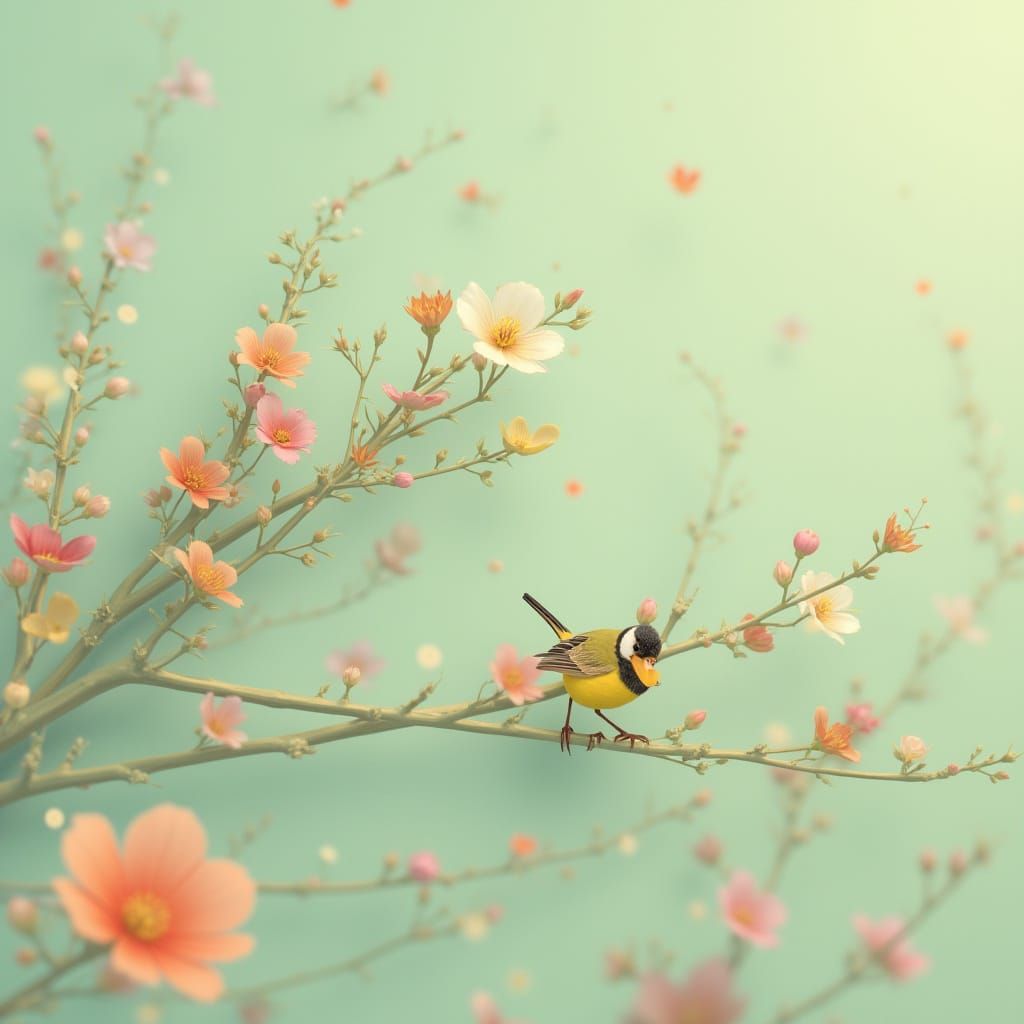 Songbirds and Cherry Blossoms in Japandi Style
