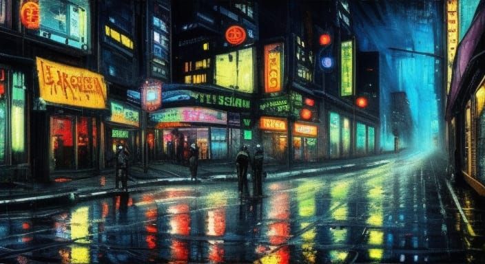 Cyberpunk City Street in the Rain: Expressionist Impasto