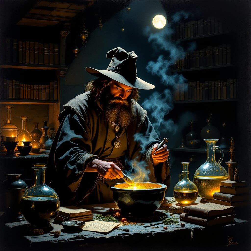 Alchemist Grinding Glowing Herbs in Dutch Golden Age Style