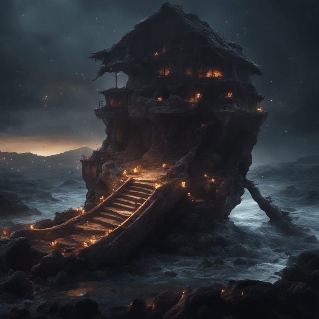 Pirate Treasure Cave Overlooking Stormy Sea